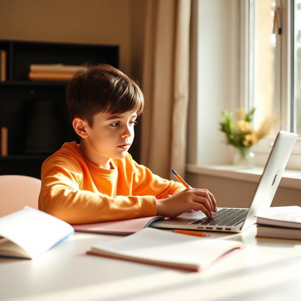Student studying with a laptop and notebook