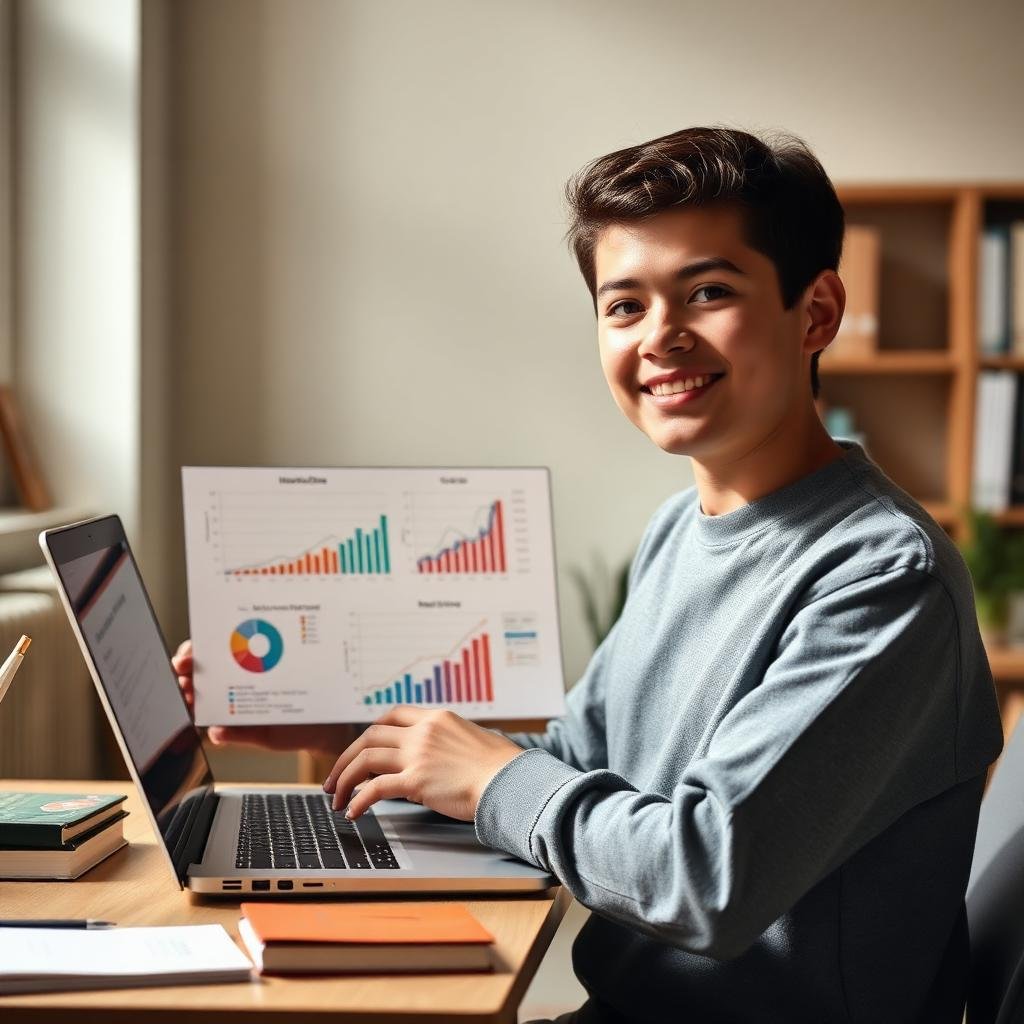 Confident student presenting progress charts on a laptop
